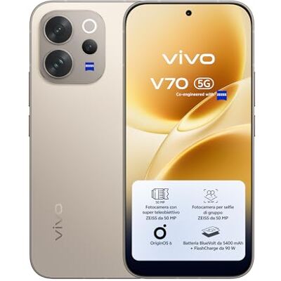 vivo V70 5G Smartphone 8GB RAM + 256GB, Fotocamera ZEISS 50MP con Super Teleobiettivo, Video 4K, Display OLED 6,59" 1.5K, Batteria 5400mAh, Sblocco Impronta Digitale 3D, IP68/IP69, Android 16,NFC vivo V70 5G Smartphone 8GB RAM + 256GB, Fotocamera ZEISS 50MP con Super Teleobiettivo, Video 4K, Display OLED 6,59" 1.5K, Batteria 5400mAh, Sblocco Impronta Digitale 3D, IP68/IP69, Android 16,NFC