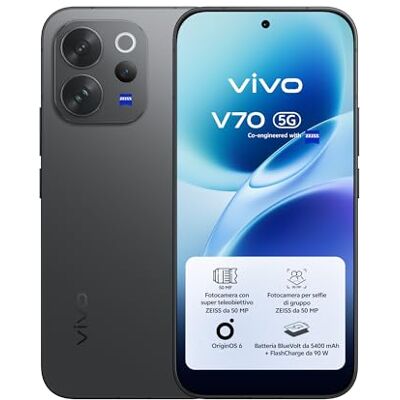 vivo V70 5G Smartphone 8GB RAM + 256GB, Fotocamera ZEISS 50MP con Super Teleobiettivo, Video 4K, Display OLED 6,59" 1.5K, Batteria 5400mAh, Sblocco Impronta Digitale 3D, IP68/IP69, Android 16,NFC vivo V70 5G Smartphone 8GB RAM + 256GB, Fotocamera ZEISS 50MP con Super Teleobiettivo, Video 4K, Display OLED 6,59" 1.5K, Batteria 5400mAh, Sblocco Impronta Digitale 3D, IP68/IP69, Android 16,NFC