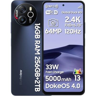 Blackview Smartphone, 16GB RAM+256GB ROM/2TB-TF, MediaTek Helio G99, 6.78'' FHD+/120Hz, 64MP+13MP, 5000mAh/33W, Android 13, 4G Dual SIM Telefono, NFC/Face ID/Fingerprint/OTG/3 Slot/3.5mm Jack Blackview Smartphone, 16GB RAM+256GB ROM/2TB-TF, MediaTek Helio G99, 6.78'' FHD+/120Hz, 64MP+13MP, 5000mAh/33W, Android 13, 4G Dual SIM Telefono, NFC/Face ID/Fingerprint/OTG/3 Slot/3.5mm Jack