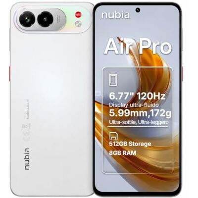 nubia Air Pro Smartphone 5G ultrasottile, 6,77’’ AMOLED 120Hz, MediaTek Dimensity 7100, RAM 20GB, 512GB, Fotocamera 108MP, Batteria 5000mAh, Android 16, Aero White nubia Air Pro Smartphone 5G ultrasottile, 6,77’’ AMOLED 120Hz, MediaTek Dimensity 7100, RAM 20GB, 512GB, Fotocamera 108MP, Batteria 5000mAh, Android 16, Aero White
