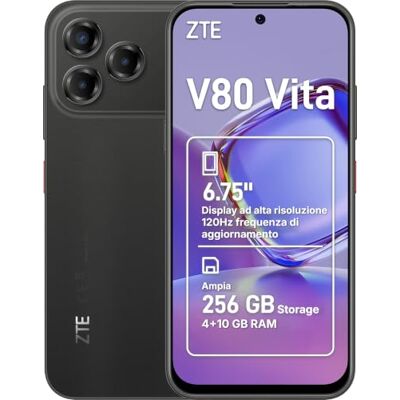 ZTE V80 Vita Smartphone 4G, 14GB (4+10), memoria 256GB, Display 6,75" High-res 120Hz con Live Island 2.0, Tripla Fotocamera 50MP, Fotocamera frontale 16MP, Android 16, Batteria 5000mAh Nero ZTE V80 Vita Smartphone 4G, 14GB (4+10), memoria 256GB, Display 6,75" High-res 120Hz con Live Island 2.0, Tripla Fotocamera 50MP, Fotocamera frontale 16MP, Android 16, Batteria 5000mAh Nero