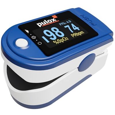 Pulox Pulsossimetro PO-200 Solo in blu Misurazione della saturazione di ossigeno (SpO₂), della frequenza cardiaca (polso) e dell'indice di perfusione (PI) Pulox Pulsossimetro PO-200 Solo in blu Misurazione della saturazione di ossigeno (SpO₂), della frequenza cardiaca (polso) e dell'indice di perfusione (PI)