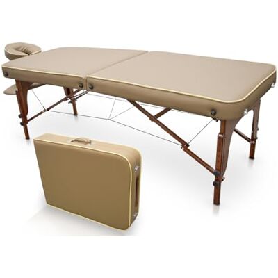 Quirumed Barella da massaggio per SPA, portatile, in legno, color sabbia, legno verniciato, ecopelle, imbottitura ad alta densità, altezza regolabile, pieghevole, testa rimovibile, fino a 210 kg Quirumed Barella da massaggio per SPA, portatile, in legno, color sabbia, legno verniciato, ecopelle, imbottitura ad alta densità, altezza regolabile, pieghevole, testa rimovibile, fino a 210 kg