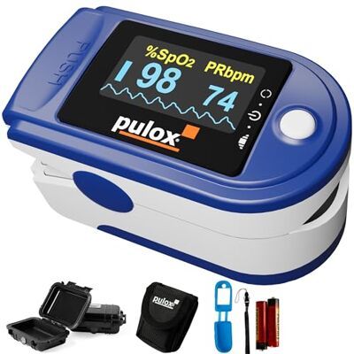 Pulox Pulsossimetro PO-200 Set Saturimetro da dito professionale con custodia, borsa, batterie e cordino Misurazione di SpO2, polso e PI sul dito Pulox Pulsossimetro PO-200 Set Saturimetro da dito professionale con custodia, borsa, batterie e cordino Misurazione di SpO2, polso e PI sul dito