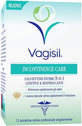 VAGISIL Salviettine Intime Donna 2 in 1, Incontinenza Urinaria Donna, Con Avena Naturale, Eliminano Gli Odori, Con Tea Tree Oil, 12 Confezionate Singolarmente