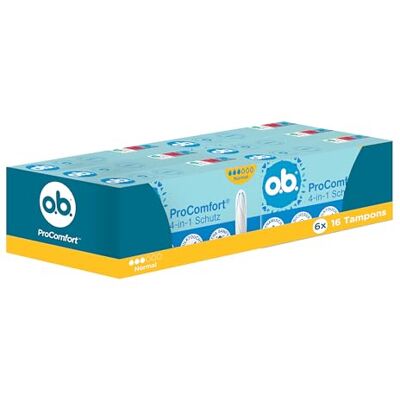 o.b. ProComfort normale 4 in 1 tamponi di protezione (6 x 16 pezzi) con punta extra delicata per un facile inserimento e protezione fino al 100% contro le perdite, ideali per lo sport e la vita o.b. ProComfort normale 4 in 1 tamponi di protezione (6 x 16 pezzi) con punta extra delicata per un facile inserimento e protezione fino al 100% contro le perdite, ideali per lo sport e la vita
