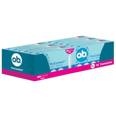 o.b. ProComfort mini tamponi di protezione 4 in 1 (6 x 16 pezzi) con punta extra delicata per un facile inserimento e protezione fino al 100% contro le perdite, ideali per lo sport e la vita o.b. ProComfort mini tamponi di protezione 4 in 1 (6 x 16 pezzi) con punta extra delicata per un facile inserimento e protezione fino al 100% contro le perdite, ideali per lo sport e la vita