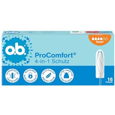 o.b. ProComfort Super 4 in 1 tamponi protettivi (6 x 16 pezzi) con punta extra delicata per un facile inserimento e protezione fino al 100% contro le perdite, ideali per lo sport e la vita quotidiana o.b. ProComfort Super 4 in 1 tamponi protettivi (6 x 16 pezzi) con punta extra delicata per un facile inserimento e protezione fino al 100% contro le perdite, ideali per lo sport e la vita quotidiana