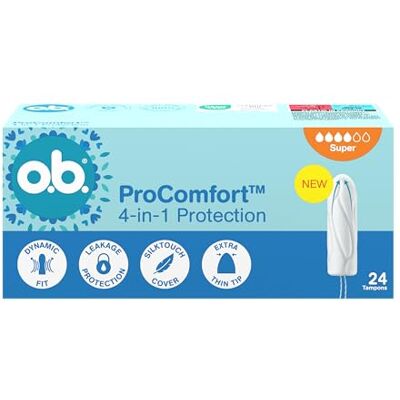 o.b. ProComfort Super Tamponi 24 pz NUOVO, tampone facile da applicare e rimuovere, per sanguinamento intenso, interno in 100% materiali vegetali o.b. ProComfort Super Tamponi 24 pz NUOVO, tampone facile da applicare e rimuovere, per sanguinamento intenso, interno in 100% materiali vegetali