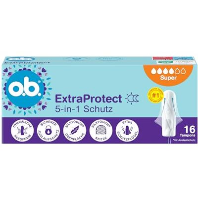 o.b. ExtraProtect 5 in 1 tamponi di protezione (5 x 16 pezzi) con ali di protezione extra per la migliore protezione da perdite e comfort o.b. ExtraProtect 5 in 1 tamponi di protezione (5 x 16 pezzi) con ali di protezione extra per la migliore protezione da perdite e comfort
