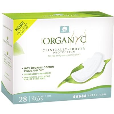 Organyc Assorbenti femminili in 100% cotone biologico certificato per la notte, flusso più pesante, super assorbenza, 28 pezzi Organyc Assorbenti femminili in 100% cotone biologico certificato per la notte, flusso più pesante, super assorbenza, 28 pezzi