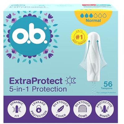 o.b. ExtraProtect Tamponi normali, 56 pezzi, con ali di sicurezza, fino al 100% di protezione contro le perdite giorno e notte, per sanguinamento medio/forte, confezione grande o.b. ExtraProtect Tamponi normali, 56 pezzi, con ali di sicurezza, fino al 100% di protezione contro le perdite giorno e notte, per sanguinamento medio/forte, confezione grande