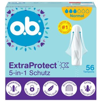 o.b. ExtraProtect 5 in 1 tamponi di protezione (1 x 56 pezzi) con ali di protezione extra per la migliore protezione da perdite e comfort o.b. ExtraProtect 5 in 1 tamponi di protezione (1 x 56 pezzi) con ali di protezione extra per la migliore protezione da perdite e comfort