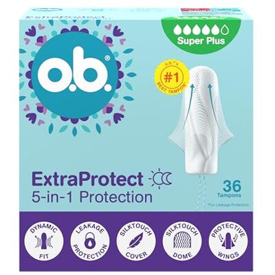 o.b. ExtraProtect Super Plus, confezione da 36 pezzi, con ali di sicurezza aggiuntive, fino al 100% di protezione contro le perdite giorno e notte, per sanguinamento molto abbondante, confezione o.b. ExtraProtect Super Plus, confezione da 36 pezzi, con ali di sicurezza aggiuntive, fino al 100% di protezione contro le perdite giorno e notte, per sanguinamento molto abbondante, confezione