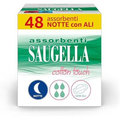 Saugella Assorbenti Cotton Touch Notte, 48 Assorbenti Cotone Notte con Ali, Azione Antibatterica, Antiodore e Lenitiva Saugella Assorbenti Cotton Touch Notte, 48 Assorbenti Cotone Notte con Ali, Azione Antibatterica, Antiodore e Lenitiva