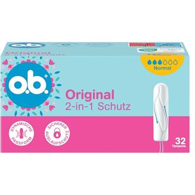 o.b. Tamponi di protezione 2 in 1 originali (7 x 32 pezzi) con vestibilità dinamica e scanalature a incastro per protezione fino al 100% e comfort o.b. Tamponi di protezione 2 in 1 originali (7 x 32 pezzi) con vestibilità dinamica e scanalature a incastro per protezione fino al 100% e comfort