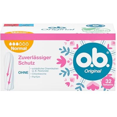 o.b. Originale normale (7 x 32 pezzi), tamponi per giorni medio-forti, con scanalature curve per una protezione affidabile e una sensazione di pulizia o.b. Originale normale (7 x 32 pezzi), tamponi per giorni medio-forti, con scanalature curve per una protezione affidabile e una sensazione di pulizia