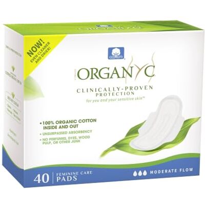 Organyc Assorbenti femminili in cotone biologico certificato al 100%, assorbenti igienici, 40 pezzi, flusso moderato, assorbimento regolare, nuova confezione di grandi dimensioni Organyc Assorbenti femminili in cotone biologico certificato al 100%, assorbenti igienici, 40 pezzi, flusso moderato, assorbimento regolare, nuova confezione di grandi dimensioni