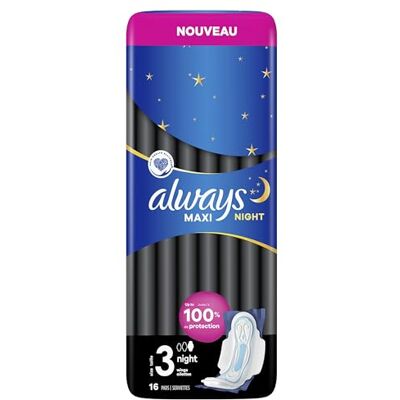 Always Maxi Asciugamani Igienici, Misura 3, Night, 16 Asciugamani Con Alette, Flusso Molto Abbondante Notte, Cuore Ultra Assorbente e Barriere Anti-Perdite Always Maxi Asciugamani Igienici, Misura 3, Night, 16 Asciugamani Con Alette, Flusso Molto Abbondante Notte, Cuore Ultra Assorbente e Barriere Anti-Perdite