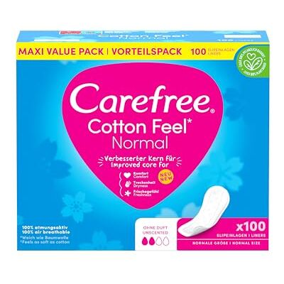 Carefree Salvaslip Cotton Feel Normal senza profumo (100 pezzi), 100% traspirante, dona una sensazione di comfort, secchezza e freschezza, dimensioni normali, confezione da scorte Carefree Salvaslip Cotton Feel Normal senza profumo (100 pezzi), 100% traspirante, dona una sensazione di comfort, secchezza e freschezza, dimensioni normali, confezione da scorte