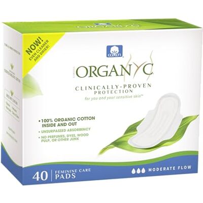 Organyc Assorbenti femminili in cotone biologico certificato al 100%, assorbenti igienici, 40 pezzi, flusso moderato, assorbimento regolare, nuova confezione di grandi dimensioni Organyc Assorbenti femminili in cotone biologico certificato al 100%, assorbenti igienici, 40 pezzi, flusso moderato, assorbimento regolare, nuova confezione di grandi dimensioni