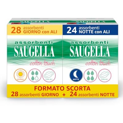 Saugella Assorbenti Cotton Touch Giorno e Notte con Ali, Kit 28+24 Pezzi Inclusi 28 Assorbenti Giorno e 24 Notte in Cotone; Svolgono un'Azione Antibatterica, Antiodore e Lenitiva Saugella Assorbenti Cotton Touch Giorno e Notte con Ali, Kit 28+24 Pezzi Inclusi 28 Assorbenti Giorno e 24 Notte in Cotone; Svolgono un'Azione Antibatterica, Antiodore e Lenitiva