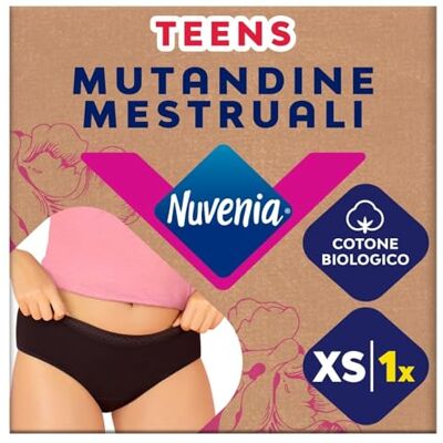 Nuvenia linea Teens, Mutandine Mestruali in cotone biologico, Lavabili e riutilizzabili con protezione integrata per Giorno e Notte, Flusso Abbondante, Colore Nero, Taglia XS, 1 confezione Nuvenia linea Teens, Mutandine Mestruali in cotone biologico, Lavabili e riutilizzabili con protezione integrata per Giorno e Notte, Flusso Abbondante, Colore Nero, Taglia XS, 1 confezione