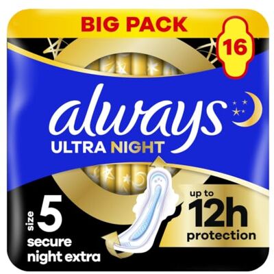Always Ultra Asciugamani Mestruali Secure Night Extra (taglia 5) Con Alette 16 Asciugamani, Super Assorbenti E Ultrasottile Per Regole Always Ultra Asciugamani Mestruali Secure Night Extra (taglia 5) Con Alette 16 Asciugamani, Super Assorbenti E Ultrasottile Per Regole