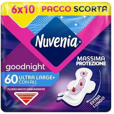 Nuvenia Assorbenti Ultra Notte con Ali, 60 Pezzi Maxi Scorta, 6 Confezioni da 10 Pezzi, Comfort e Protezione, Per Flussi Molto Abbondanti Nuvenia Assorbenti Ultra Notte con Ali, 60 Pezzi Maxi Scorta, 6 Confezioni da 10 Pezzi, Comfort e Protezione, Per Flussi Molto Abbondanti