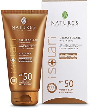 Nature's iSolari, Crema Solare SPF 50, Protezione Solare Viso e Corpo, Crema Idratante e Nutriente, Resistente all'Acqua, Travel Size 75ml