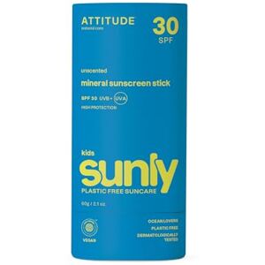 Attitude Mineral Sunscreen Stick for Kids, SPF 30, EWG Verified, Plastic-Free, Broad Spectrum UVA/UVB Protection with Zinc Oxide, Dermatologically Tested, Vegan, Unscented, 60 g Attitude Mineral Sunscreen Stick for Kids, SPF 30, EWG Verified, Plastic-Free, Broad Spectrum UVA/UVB Protection with Zinc Oxide, Dermatologically Tested, Vegan, Unscented, 60 g