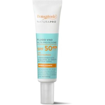 Bottega Verde Fluido Viso Alta Protezione SPF 50, 25 ml, Arricchita con Niacinamide e Iperfermentato di Elicriso, Azione Normalizzante e Protettiva, Texture Leggera, per Pelli Miste e Grasse Bottega Verde Fluido Viso Alta Protezione SPF 50, 25 ml, Arricchita con Niacinamide e Iperfermentato di Elicriso, Azione Normalizzante e Protettiva, Texture Leggera, per Pelli Miste e Grasse