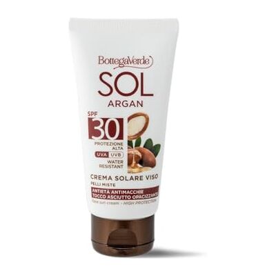 Bottega Verde SOL Argan, Crema Solare Viso, 50 ml, SPF 30, Antietà e Antimacchie, Protezione Alta, Arricchita con Olio di Argan e Vitamina E, Opacizzante, Formula Vegana, per Pelli Miste e Grasse Bottega Verde SOL Argan, Crema Solare Viso, 50 ml, SPF 30, Antietà e Antimacchie, Protezione Alta, Arricchita con Olio di Argan e Vitamina E, Opacizzante, Formula Vegana, per Pelli Miste e Grasse