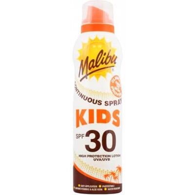Malibu Kids Continuous Spray SPF30, 175 ml, spray solare per bambini, impermeabile, protezione UVA/UVB, spray a 360°, con vitamina E e provitamina B5, vegano Malibu Kids Continuous Spray SPF30, 175 ml, spray solare per bambini, impermeabile, protezione UVA/UVB, spray a 360°, con vitamina E e provitamina B5, vegano