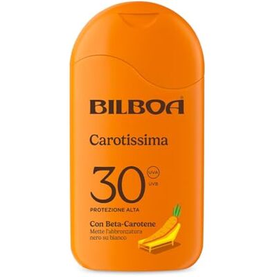 Bilboa , Carotissima, Latte Solare SPF 30, Abbronzante con Protezione 30, Formula con Betacarotene, Protegge la Pelle e Intensifica l’Abbronzatura, Resistente all’Acqua, 200 ml Bilboa , Carotissima, Latte Solare SPF 30, Abbronzante con Protezione 30, Formula con Betacarotene, Protegge la Pelle e Intensifica l’Abbronzatura, Resistente all’Acqua, 200 ml