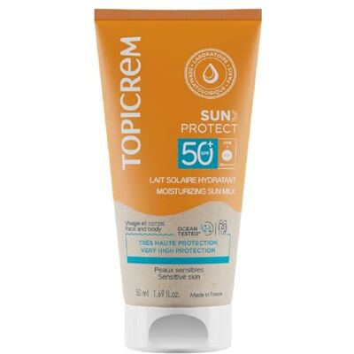 Topicrem Sun Protect, Latte solare idratante viso e corpo SPF50+ Crema solare ad altissima protezione, idrata 24 ore Cura della pelle sensibile, dai 3 anni Profumo soleggiato 50 ml Topicrem Sun Protect, Latte solare idratante viso e corpo SPF50+ Crema solare ad altissima protezione, idrata 24 ore Cura della pelle sensibile, dai 3 anni Profumo soleggiato 50 ml