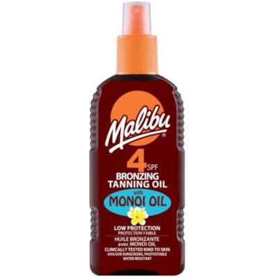 Malibu Sun SPF 4 Bronzing Tanning Monoi Oil Spray a Bassa Protezione, Resistente all'acqua, Profumo Tropicale, 200ml Malibu Sun SPF 4 Bronzing Tanning Monoi Oil Spray a Bassa Protezione, Resistente all'acqua, Profumo Tropicale, 200ml