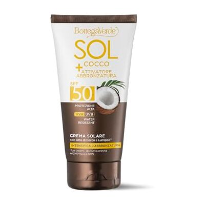 Bottega Verde SOL Cocco + Attivatore di abbronzatura, Crema solare, intensifica l'abbronzatura, 150 ml, con latte di Cocco e Lumipod™, water resistant, protezione alta SPF50 Bottega Verde SOL Cocco + Attivatore di abbronzatura, Crema solare, intensifica l'abbronzatura, 150 ml, con latte di Cocco e Lumipod™, water resistant, protezione alta SPF50