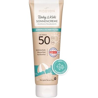 Mabyen Crema solare per bambini, protezione solare per bambini, 100 ml, protezione solare minerale SPF 50, cosmetici naturali certificati, Natrue, vegano, senza profumi, ecologica Mabyen Crema solare per bambini, protezione solare per bambini, 100 ml, protezione solare minerale SPF 50, cosmetici naturali certificati, Natrue, vegano, senza profumi, ecologica
