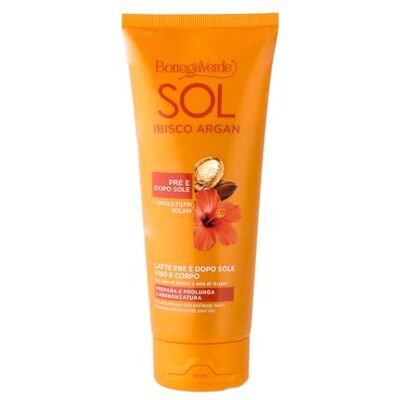 Bottega Verde SOL Ibisco Argan, Latte Presole e Doposole Viso e Corpo, 200ml, Idrata e Prolunga l'Abbronzatura, Senza Filtri Solari Bottega Verde SOL Ibisco Argan, Latte Presole e Doposole Viso e Corpo, 200ml, Idrata e Prolunga l'Abbronzatura, Senza Filtri Solari