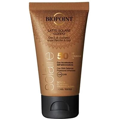 BIOPOINT Latte Corpo Solare SPF50 40 ml Resistente all'Acqua, ad Assorbimento Rapido, Non Unge, Senza Oli Minerali, Coloranti, Alcool e Nikel Tested BIOPOINT Latte Corpo Solare SPF50 40 ml Resistente all'Acqua, ad Assorbimento Rapido, Non Unge, Senza Oli Minerali, Coloranti, Alcool e Nikel Tested