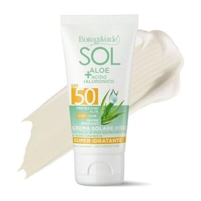 Bottega Verde SOL Aloe e Acido Ialuronico, Crema Solare Viso, 50 ml, SPF 50, Idratante, Arricchita con Succo di Aloe Iperfermentato e Acido Ialuronico, Protezione Alta, per Tutti i Tipi di Pelle Bottega Verde SOL Aloe e Acido Ialuronico, Crema Solare Viso, 50 ml, SPF 50, Idratante, Arricchita con Succo di Aloe Iperfermentato e Acido Ialuronico, Protezione Alta, per Tutti i Tipi di Pelle