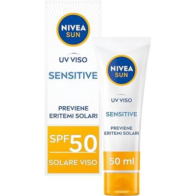 Sun Crema UV Viso Sensitive SPF50 50 ml, Crema solare viso 50 per pelli sensibili, Protezione solare viso contro le allergie solari, Crema viso SPF 50 senza profumo dalla texture leggera Sun Crema UV Viso Sensitive SPF50 50 ml, Crema solare viso 50 per pelli sensibili, Protezione solare viso contro le allergie solari, Crema viso SPF 50 senza profumo dalla texture leggera