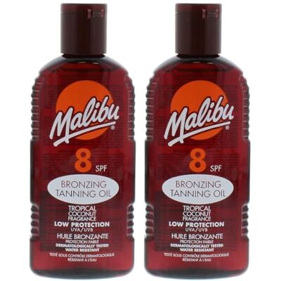 Malibu Tanning Oil SPF 8 Set di 2 x 200 ml di olio abbronzante impermeabile per prendere il sole e spiaggia Malibu Tanning Oil SPF 8 Set di 2 x 200 ml di olio abbronzante impermeabile per prendere il sole e spiaggia