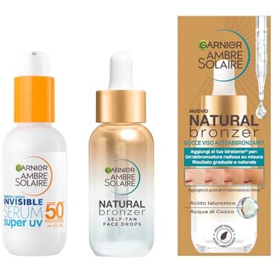 Garnier Kit Ambre Solaire con Gocce Viso Autoabbronzanti, Natural Bronzer, E Siero Viso Protettivo Invisibile, con SPF 50+, Super UV, Pelle Abbronzata, Idratata e Protetta, 30 ml + 30 ml Garnier Kit Ambre Solaire con Gocce Viso Autoabbronzanti, Natural Bronzer, E Siero Viso Protettivo Invisibile, con SPF 50+, Super UV, Pelle Abbronzata, Idratata e Protetta, 30 ml + 30 ml