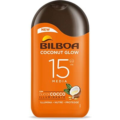 Bilboa Latte Solare Pelle Subito Luminosa e Uniforme con Protezione SPF 15, con Microperle di Jojoba e Cocco, Resistente all'Acqua, 200 ml Bilboa Latte Solare Pelle Subito Luminosa e Uniforme con Protezione SPF 15, con Microperle di Jojoba e Cocco, Resistente all'Acqua, 200 ml