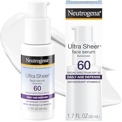 Neutrogena Ultra Sheer Moisturizing Face Serum with Vitamin E & SPF 60+, All Day Facial Sunscreen Serum with Broad Spectrum UVA/UVB Protection, Fragrance-Free, Oxybenzone-Free, 1.7 oz Neutrogena Ultra Sheer Moisturizing Face Serum with Vitamin E & SPF 60+, All Day Facial Sunscreen Serum with Broad Spectrum UVA/UVB Protection, Fragrance-Free, Oxybenzone-Free, 1.7 oz