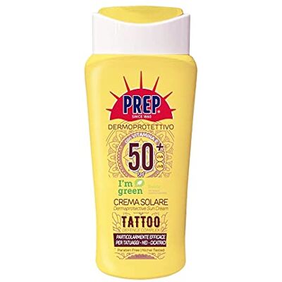 PREP , Crema Solare SPF 50 + per Tatuaggi, Protezione Solare Raggi UVA e UVB, Senza Parabeni, Formato 200 ml PREP , Crema Solare SPF 50 + per Tatuaggi, Protezione Solare Raggi UVA e UVB, Senza Parabeni, Formato 200 ml