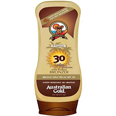 Australian Gold Lozione Sunscreen con abbronzante Kona Coffee Infuso SPF 30, 8oz Spettro largo Resistente all'acqua Australian Gold Lozione Sunscreen con abbronzante Kona Coffee Infuso SPF 30, 8oz Spettro largo Resistente all'acqua