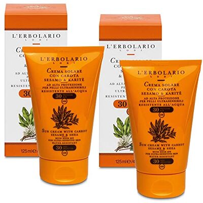 L'Erbolario 2x CREMA SOLARE SPF 30-125 ml Per Pelli Ultrasensibili con Carota, Sesamo e Karité Resistente all'acqua L'Erbolario 2x CREMA SOLARE SPF 30-125 ml Per Pelli Ultrasensibili con Carota, Sesamo e Karité Resistente all'acqua